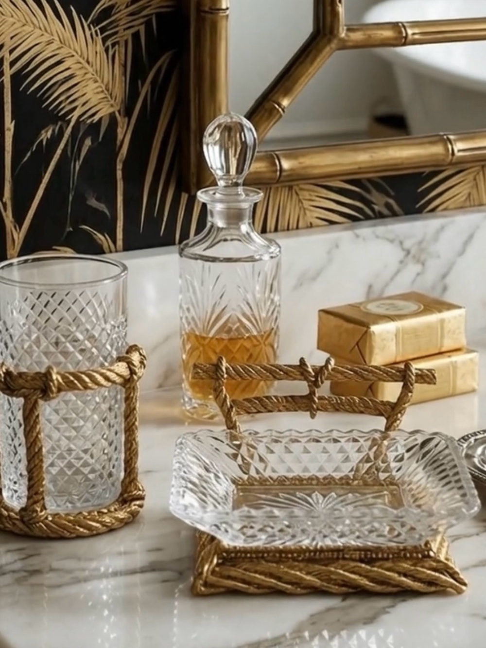 Vintage MCM Hollywood Regency Rope Braid Design Soap Dish and Glass Holder Set